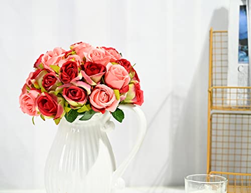 Roses Artificial Flowers 24Pcs Red Roses Silk Flowers Fake Pink Roses Faux Flower Arrangement Wedding Flowers Centerpiece For Living Room Table Decorative Flower Party Home Decoration Bridal Bouquet #TOP1