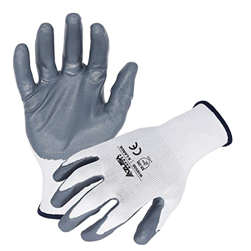 Azusa Safety | N10500 | 13-Gauge Seamless Knit White Nylon Work Glove with a Gray Flat Nitrile Palm and Finger Coated Grip, Size: XL (120PR)