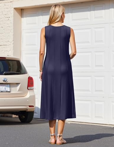Image of HOTOUCH Summer Casual Dresses for Women Sleeveless Midi Dress Swing Tank Sundress Pleated Tshirt Dress with Pockets