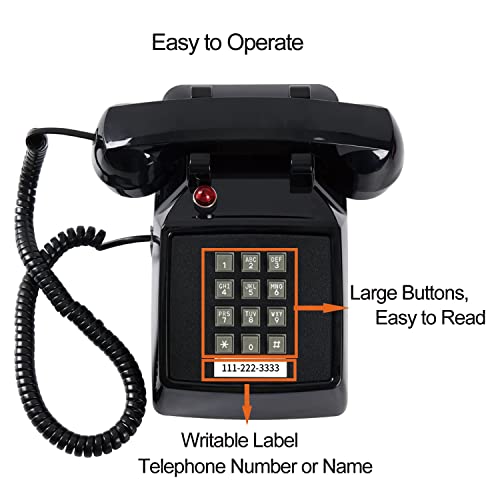 Image of HTMengt Retro Traditional Landline Phone (Ringing Indicator), Classic 2500 Analog Desk Phone Hearing Aid for Senior, Vintage Corded Telephone for Landline Metal Bell,Old School Phone Home,Black