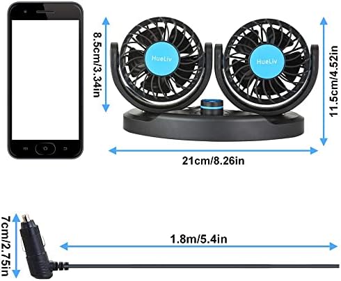 HueLiv Car Fan, 12V Electric Car Cooling Fan with 360 Degree Adjustable, Dual Head Cigarette Lighter Fan, Low Noise Automobile Vehicle Fan for Car Truck Van SUV RV Boat