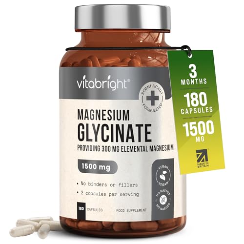 VitaBright Magnesium Glycinate Supplements | 180 Capsules | 1500mg 300mg Elemental Mg | High Strength Chelated Magnesium Bisglycinate for Adults | Tablets for Nerves & Psychological Support