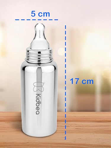 Image of Kidbea Steel Feeding Bottle 250ml for Newborns with Extra 4 Silicon Nipples | BPA Free, Food Grade, Leakproof | Safe & Durable Baby Milk Feeder