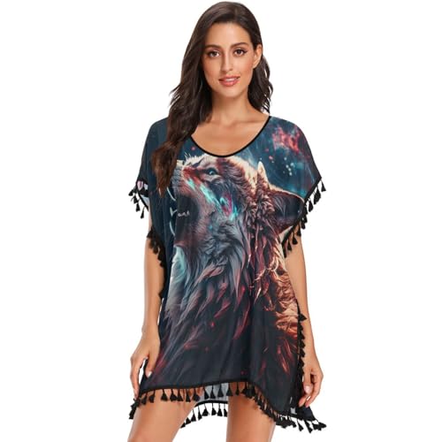 Abstract Space Howling Wolf Darlk Women's Beach Cover Up Chiffon Tassel Swimwear Swimsuit Coverups for Girl