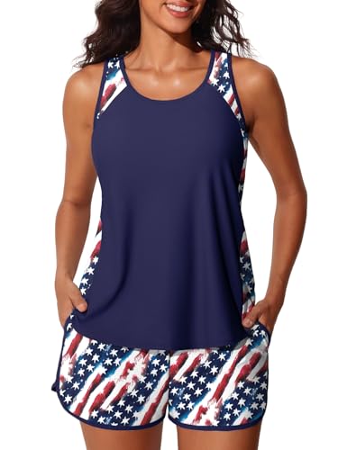 Image of Summer Mae Blouson Tankini Swimsuits for Women 2025 Tummy Control Two Piece Bathing Suits with Sporty Pockets Swim Shorts Abstract Star Flag Size 14