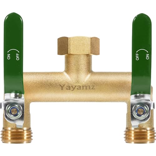 Yayamz Garden Hose Splitter, 3/4” Rust and Freeze Resistant Outdoor Hose Manifold with 2 Green Extra Long Handles Faucet Adapter-Heavy Duty Brass 2-Way Valve