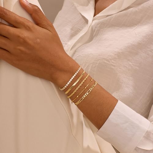 Gold Bracelets for Women, Dainty 14K Gold Plated Bracelet Stack for Women Trendy CZ Tennis Paperclip Cuban Chain Stackable Adjustable Waterproof Link Bracelet Jewelry Set Fashion Accessories Gifts2