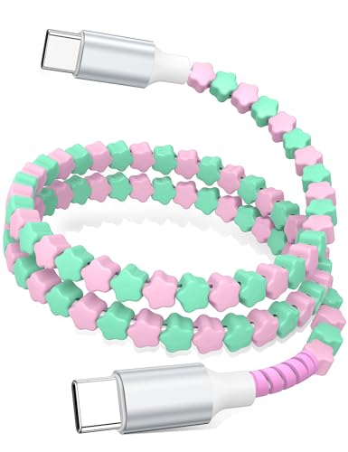 Image of USB C to USB C Cable 3FT,60W Fast Charging Beaded Charger Cord for iPhone 17 16 Pro Max 15 /iPad Pro 11th Air for Samsung S26 S25 S24 S23 A17 /Android Phone Charger Cord Cute Girl Women,Pink-Green Star