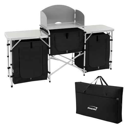 Hauki Mueble de Cocina para Camping Plegable Armario Negro Multifuncional con Compartimentos de Almacenamiento y Encimera Aluminio Tienda Portátil con Cortavientos Acampada con Bolsa de Transporte