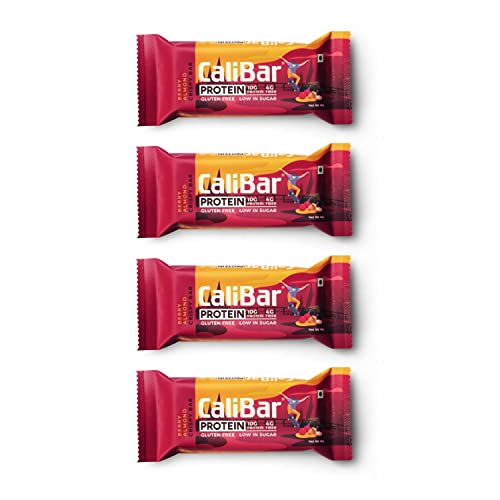 Image of CaliBar 10g Protein Bar - Berry Almond Crispy Bar (Pack of 4) With Real Cranberry & Blackcurrant Bits, Low In Sugar, Sweetened With Honey, Gluten-Free, 4g Fiber, No Preservatives, Delicious Taste & 100% Veg. | Guilt-Free snacking for High Protein diets, Sustained Energy, Fitness & Immunity (40g x 4 Bars)