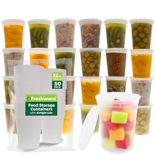 Freshware Deli Containers with Lids 32 oz [50 Set] Leak-Proof BPA Free Plastic Take Out Bowls, Food Storage Containers for Takeout Meal Prep Storage, Freezer, Microwave & Dishwasher Safe
