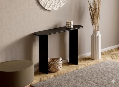 Image of Furniture Modern Solid Wood Console Table with Rounded Edges, Natural Finish, Minimalist Scandinavian Style Entryway Furniture (Style 1, Black, 140x30x80 cm)