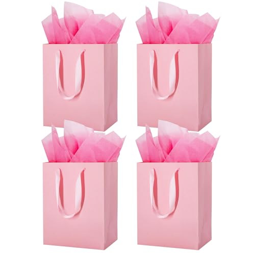 MOXARYSU 4 Pcs Medium Pink Gift Bags: 8x5x10 Inches Gift bags With Handles Party Favor Bags With 8 Tissue Paper For Party Birthday Baby Shower WeddingPink