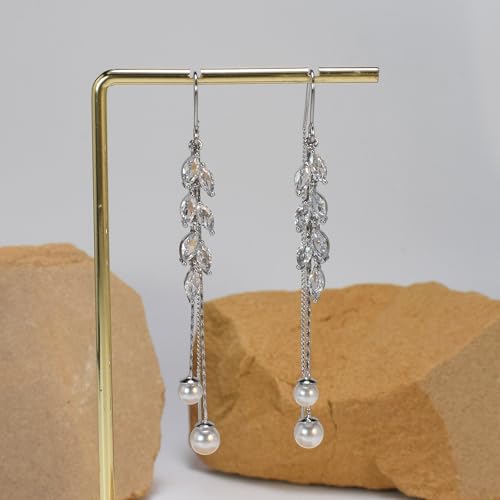 Long Pearl Dangle Earrings with Cubic Zirconia Hook Threader Earrings for Bride Bridesmaid Wedding Prom2