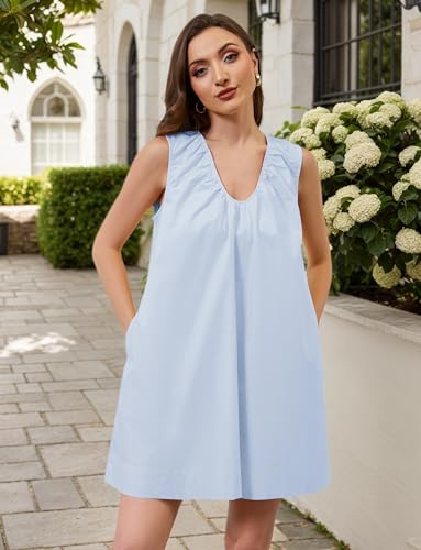 Image of OLAPTA Women Summer Sleeveless Babydoll Scoop Neck Ruched Mini Tank Dress with Pockets