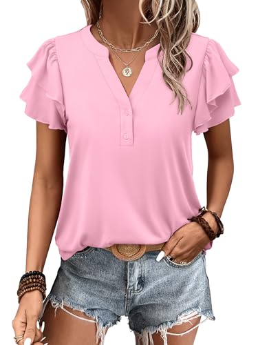 ANRABESS Womens Tops Dressy Casual Ruffle Short Sleeve V Neck Blo...