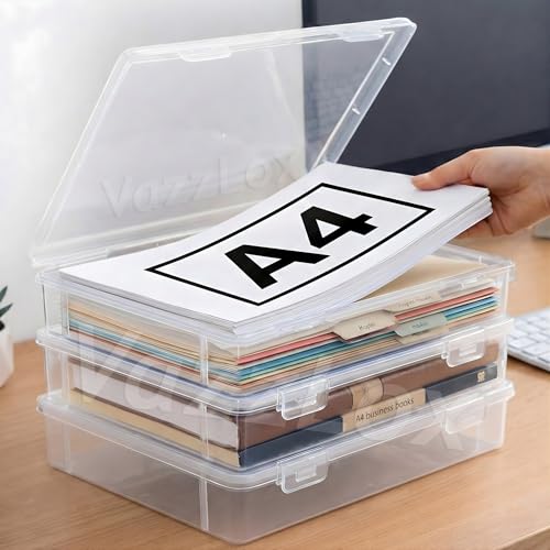Image of VazzLox A4 Clear File Storage Box (Pack of 3) Premium Plastic Box for Storage Lockable Document Storage Box A4 Paper Storage Boxes Organiser with Lid for Papers File Folders Certificates & Stationery