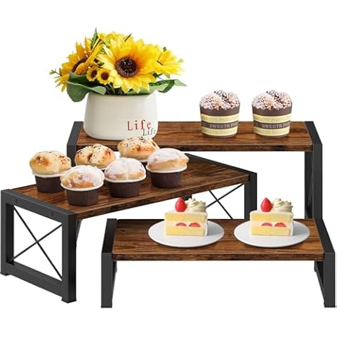ELITEROO 3 Tier Cupcake Stand & Wood Display Risers, Dessert Stands for Cup Cake or Food, Riser Display Stand for Perfume Collectibles, Tiered Shelf Organizer for Market Retail Vendors, Rustic Brown Cover