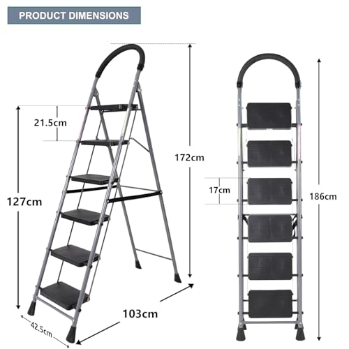 FLIPZON Halo Foldable 6 Step Ladder for Home and Office Use | Alloy Steel | Wide Steps | Wobble-Free | Skid-Free Steps | Durable Safety Ladder | Rust Free | Anti-Skid (Grey & Black) - Image 3