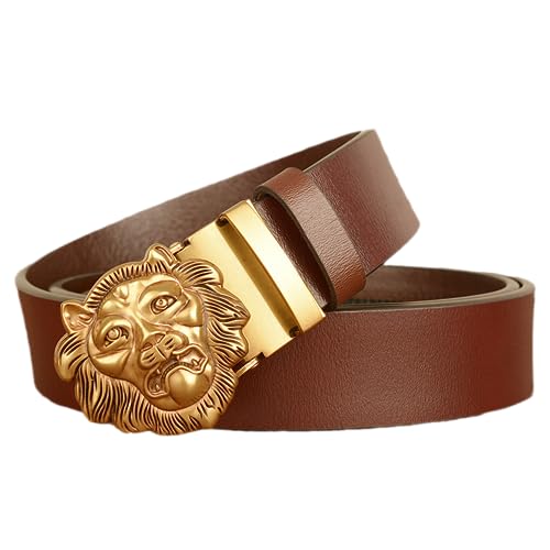 Ceinture lion et tigre en cuir fait main avec boucle dorée 3D