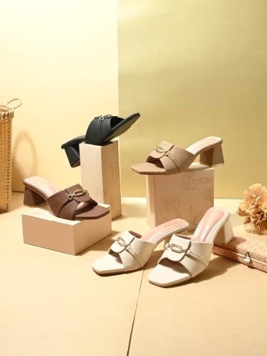 Image of Women's Block Heel Mule Sandals | Stylish Slip-On Heels with Metal Chain Detail | Cushioned Footbed | Square Toe Fashion Slides for Party, Office & Casual Wear
