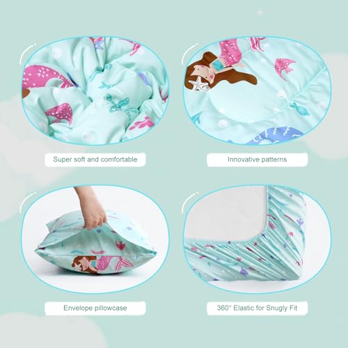 Image of david's kids 4 Piece Toddler Bedding Set - Soft Breathable Toddler Bedding Set for Boys Girls, Includes Quilted Comforter, Flat Sheet, Fitted Sheet and Pillowcase, Mermaid
