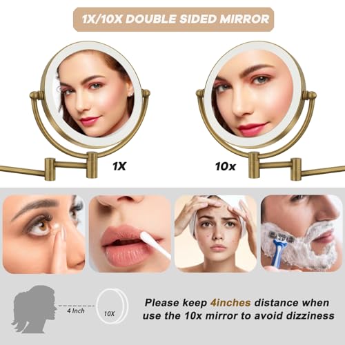 Miroir maquillage laiton 10x mural rechargeable à bras extensible unique