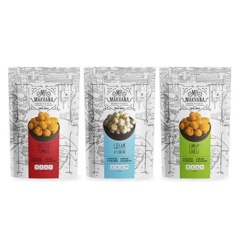 Image of Mr. Makhana Roasted Makhana & Foxnuts : Butter Tomato, Cream & Onion, Lime & Chilli (Pack of 3x55 gm) | Gluten Free | MSG Free | Roasted in Olive Oil | Rich Calcium | Zero Trans Fat | Zero Cholesterol