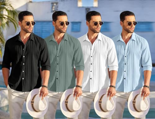 Image of FINIVO FASHION Combo of Men's Casual Cotton Plain Button Down Shirt Long Sleeve Textured Summer Beach Shirt for Men Pack of 4