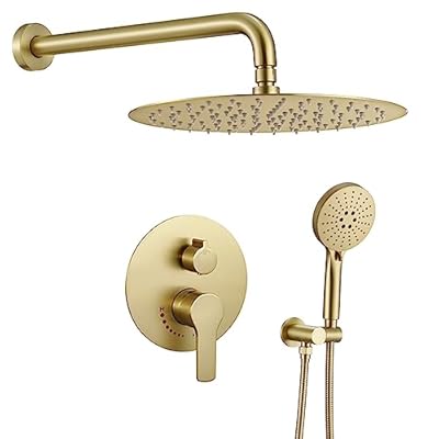 Brushed Gold Shower System with Rain Shower and Handheld, High Pressure 10 Inch Gold Shower Faucets Sets Complete with Brass Shower Valve and Trim Kit