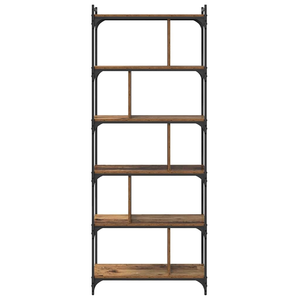 Regał na książki stare drewno, 76 x 32 x 192 cm, materiał drewnopochodny z metalową ramą, wysoki wąski regał stojący do salonu, nowoczesny przemysłowy regał na książki, skandynawski design