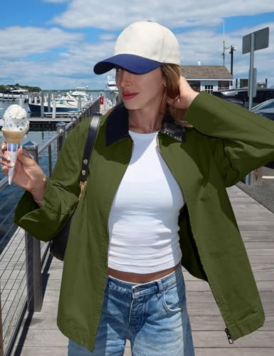 COZYPOIN Womens Lightweight Jacket Contrast PU Leather Zip Up Utility Cargo Barn Coat Fall Canvas Outwear with Pockets2