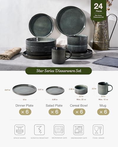 Image of Famiware Star 24-Piece Stoneware Dinnerware Sets, Service for 6 - Reactive Glaze Mugs, Plates and Bowls, Dishes for Everyday /Formal Use, Chip /Scratch Resistant, Microwave /Dishwasher Safe, Deep Forest