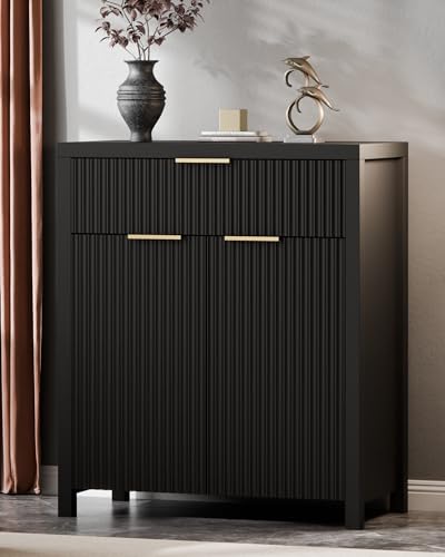 Lulive Black Fluted Storage Cabinet with Drawers Buffet Sideboard Cabinet with Adjustable Shelves for Kitchen Living Room, Kitchen, Entryway