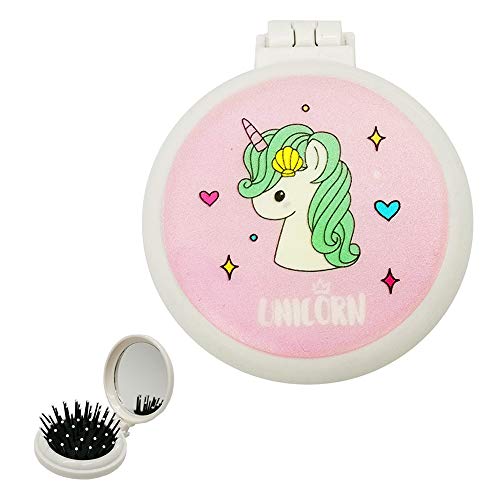 Mini Hair Brush Collapsible Unicorn Mirror Brush Kids Girls Birthday Gifts Portable Pop Up Hairbrush for Travel School Purse Pocket (Pink)