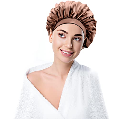 ViviDreamore Satin Bonnet Silk Bonnet for Sleeping Silk Sleep Cap Hair Bonnet for Sleeping Bonnets for Women Curly Natural Braid Hair Bonnet for Men Adjustable Wide Band Double Layer(Brown)