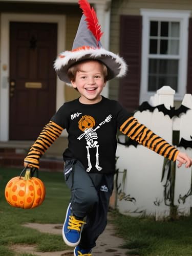 Toddler Boy Girl Halloween Shirts Pumpkin Face Long Sleeve Stripe T-Shirt Glow in The Dark Skeleton Tee Top 2-7T3