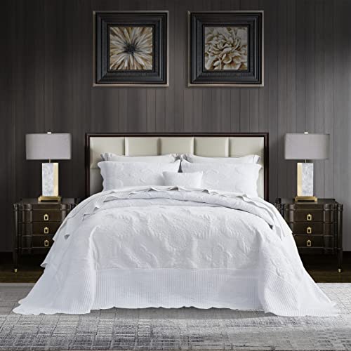 Image of HZ & HY Oversized King Bedspread, Stitched Damask Quilt Set King /Cal King, Lightweight Reversible Coverlet, Scalloped Edge - Clean Classic Look, 5 Piece, Pure White