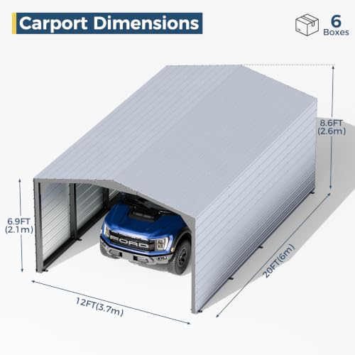 Image of Metal Carport 12x20 ft Heavy-Duty 2-Sided Enclosure | Military-Grade Reinforced Garage Kits with Steel Roof & Hurricane | 100lbs /Sq.Ft Snow /Camper /Truck /Tractor Shelter,Ash Gray