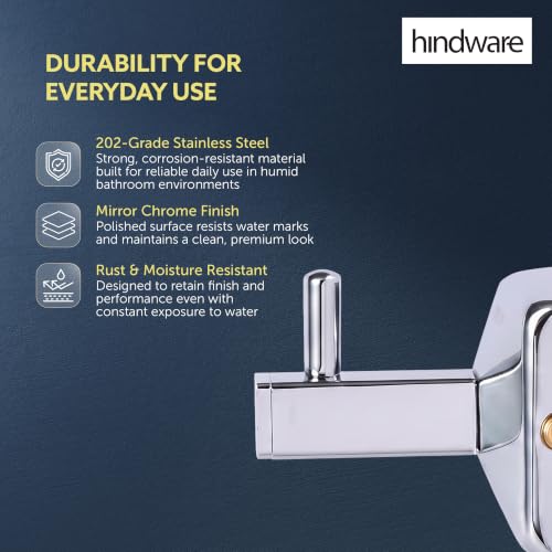 Image of Hindware Stelo Cloth Hanger for Wall| Bathroom Accessory | Superior Stainless Steel | Space Saving | Mirror Like Chrome Finish | Corrosion Resistant | Dimension (mm): 52 * 62 * 56 | 1-Year Warranty