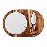 hecef Oval Wooden Cheese Board Set, Acacia Wood Cheese Serving Board with White Marble, Cheese Knife Charcuterie Platter Cheese Serving Tray for Cheese Cake Appetizers, Housewarming Gift, Mothers Day