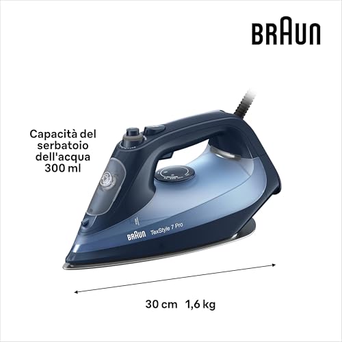 Braun TexStyle 7 Pro SI7160BL, Ferro da Stiro con 5 anni di assistenza, Piastra FreeGlide 3D EloxalPlus, colpo vapore 225g/min, Punta di Precisione, Autospegnimento, Serbatoio 300ml, Blu scuro - Immagine 2