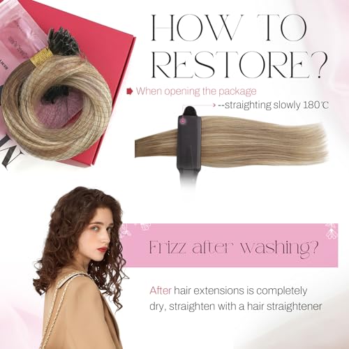 Image of Moresoo U Tip Human Hair Extensions, Brown Sun-Kissed Blonde, 18 Inch | 50g 50 strands, dimensional ombre color and individual placement help create buildable length and volume