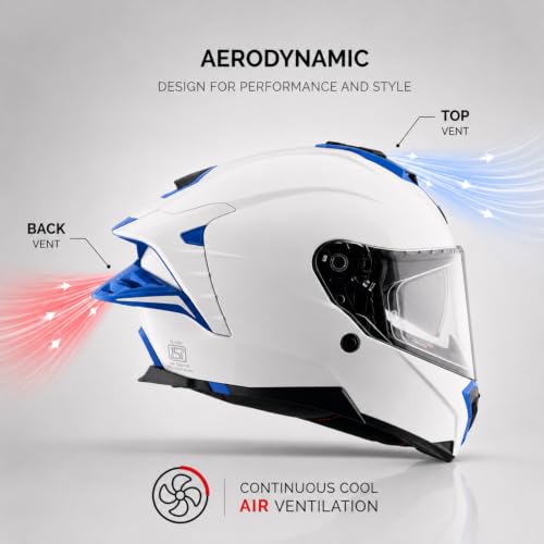 Image of Axor Brutale Corsa Helmet - Dual Spoiler | ECE 22.06, ISI & DOT Certified | Race-Ready Fit with D-Ring & UV-Protected Visor-White Blue, Size:M