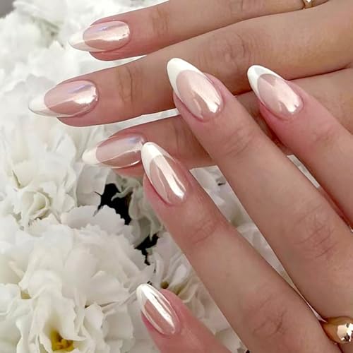 Chrome Press on Nails Short Almond Fake Nails White French Tip Na...