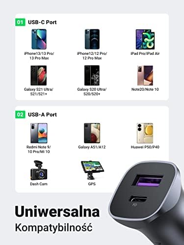 UGREEN 30W Zapalniczka USB C Adapter USB Mini ładowarka samochodowa PD PPS Szybkie ładowanie Dwuportowa ładowarka samochodowa Obsługuje 20W Kompatybilny z iPhone 13 Pro Max, 13 Pro, 12, iPad Pro M1, S21