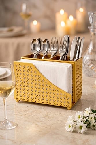 Image of Cutlery Holder for Dining Table with Tissue Holder | Golden Metal Spoon Fork Knife Stand Organizer | Tabletop Cutlery Stand for Kitchen