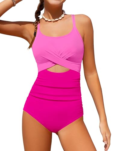 Image of Girl Swimsuit One Piece Cutout Ruched Bathing Suit for Girls Color Block Adjustable Straps Pad Swimwear 9-18y