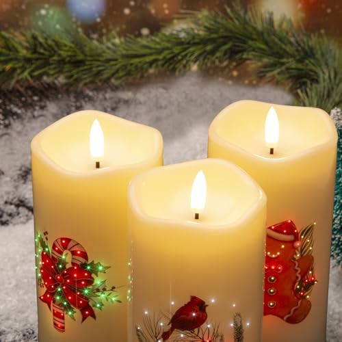 Image of Eywamage Fiber Optic Christmas Flameless Candles with Remote, Flickering LED Battery Pillar Candles Set of 3