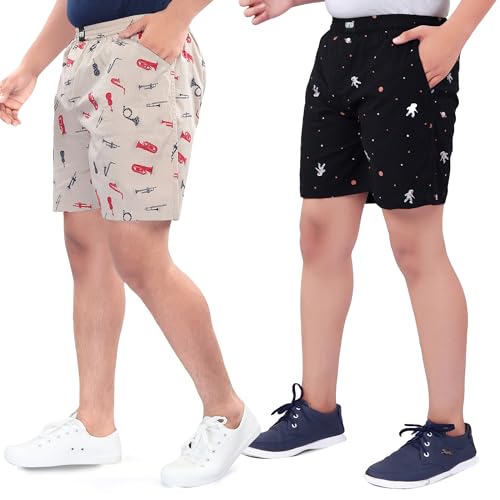 Image of UNOseven Shorts for Boys - 100% Cotton Printed with Side Pockets - Pack of 2 - Available from Size 7 Years to XL
